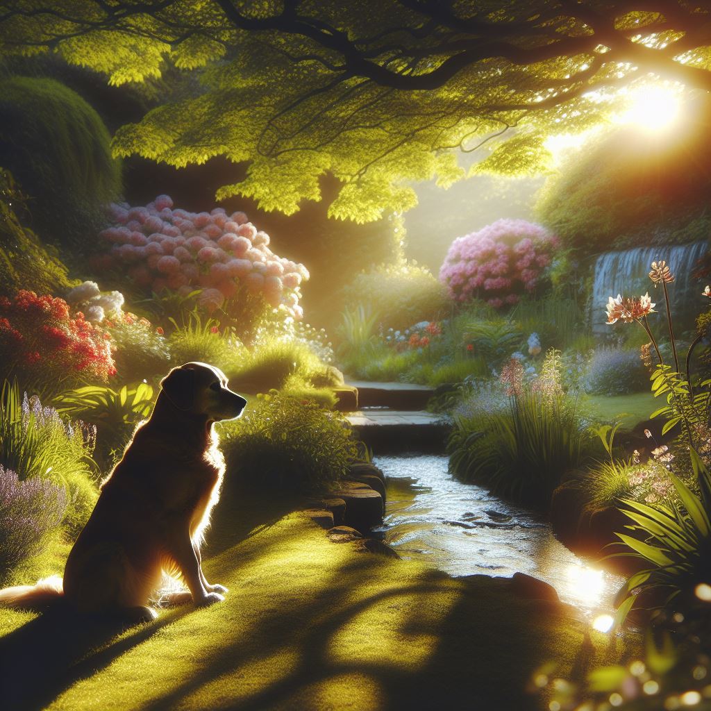 A Dog sitting near a serene pond.